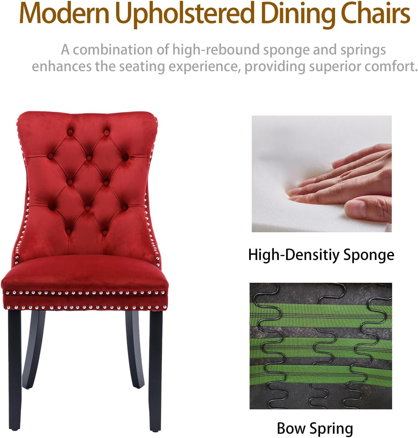 MOONMISS Dining Chairs 2-Pcs Set, High-end Velvet Upholstered Accent Chairs Button Tufted Dining Chairs with Back Ring Pull and Nailhead Trim,Red