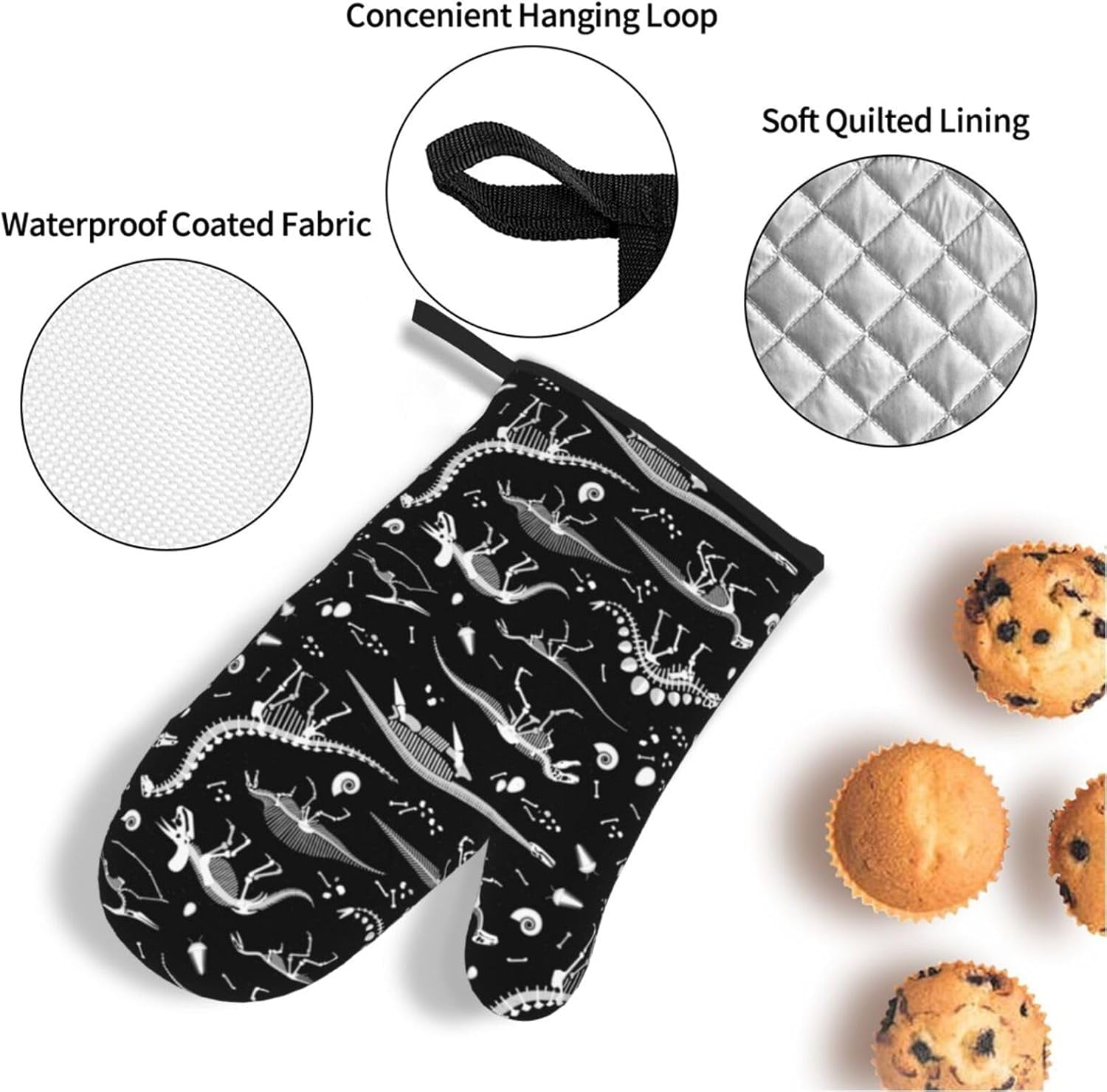 Oven Mitts and Pot Holders Sets of 4, Dinosaur Skeleton Kitchen Gloves for Cooking Baking Black and White Hot Pads BBQ Potholders