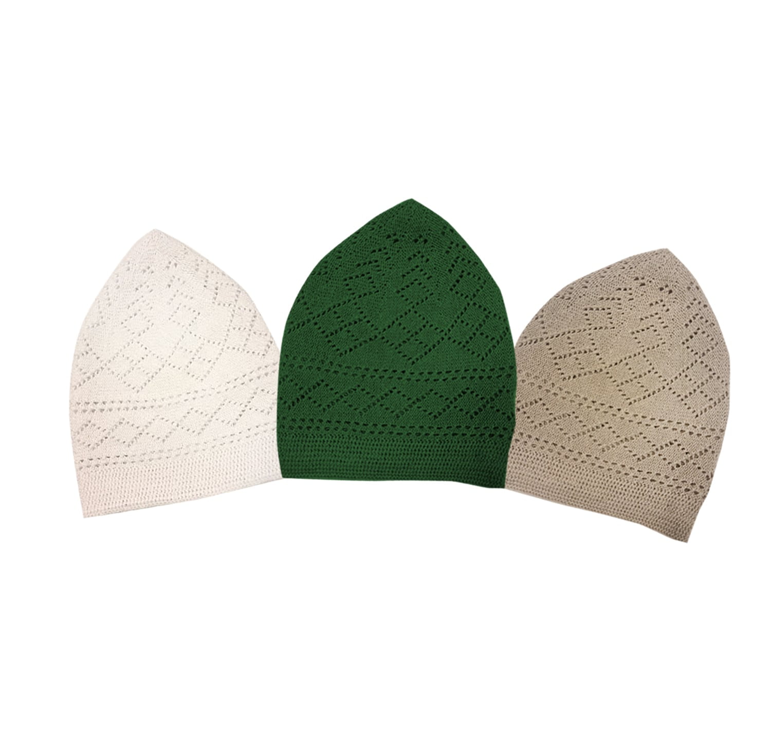 Eid Islamic Knitted Kufi Topi Prayer Hat Crochet Cap Taqiyah Takke Skull Beanie for Muslims, Paryers and Islamic Eids – White-Green-Brown