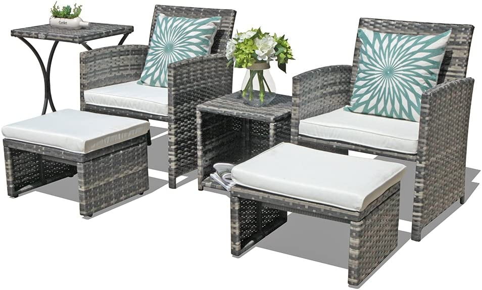 6 Piece Patio Furniture Conversation Set with Ottoman, Outdoor Grey