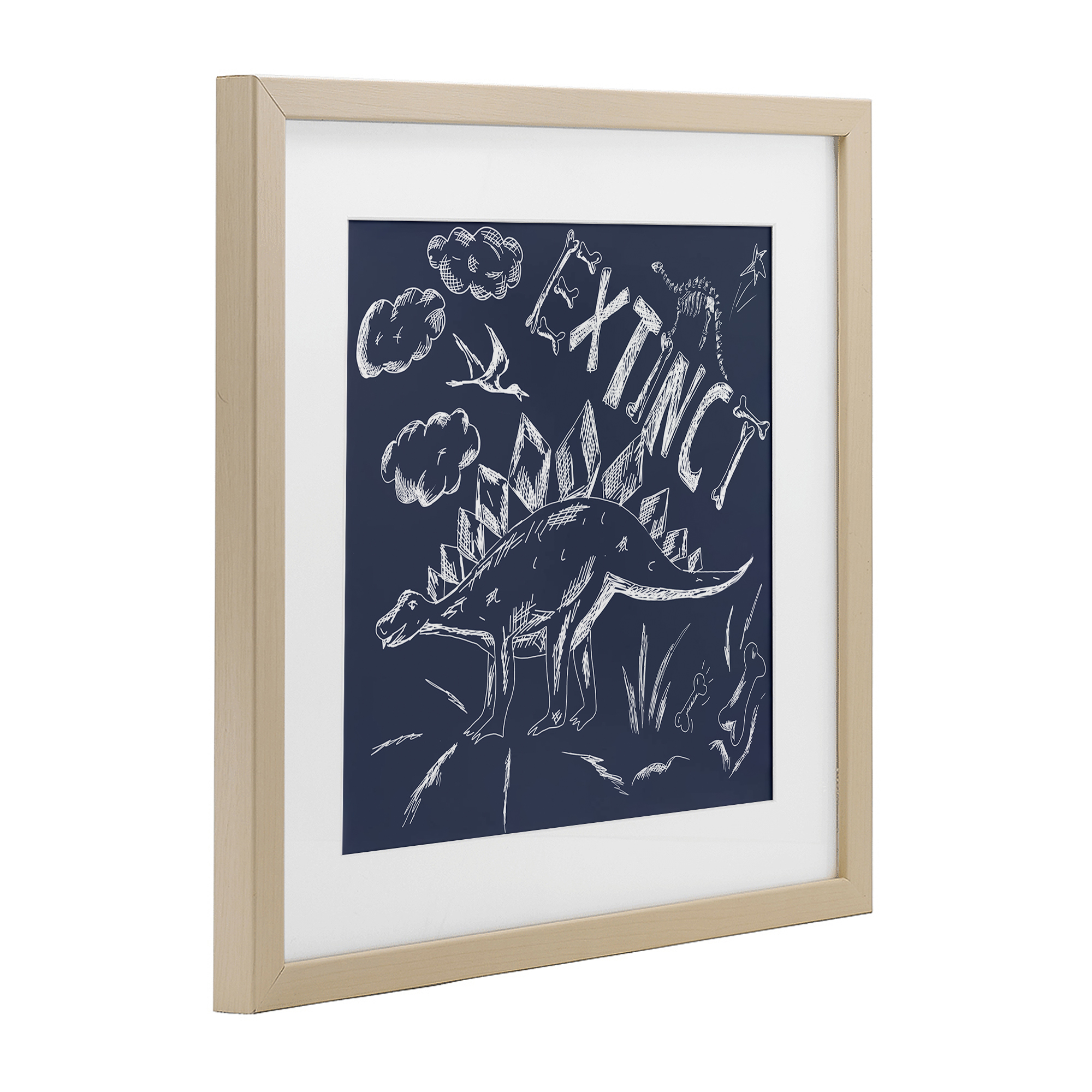 Sketchy Extinct Dinosaur Birch Framed Print Under Glass, design by HUE and MI and Sangita