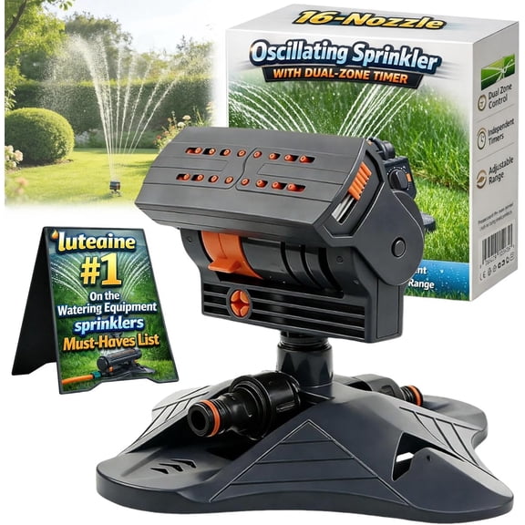 Lawn & Garden Sprinklers 16-Nozzle Oscillating - Dual-Zone Timer & Motion for Yard Watering, Heavy-Duty ABS
