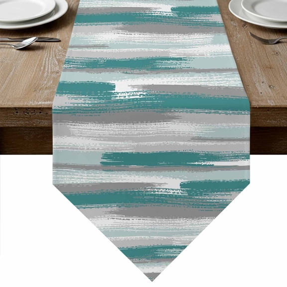 Blue Gray Stripes Table Runner Linen Burlap Table Runner 36 Inches Small Watercolor Modern Abstract Minimalist Dresser Scarves for Kitchen Island Coffee Dining Party Wedding Holiday Decor 13"x36"