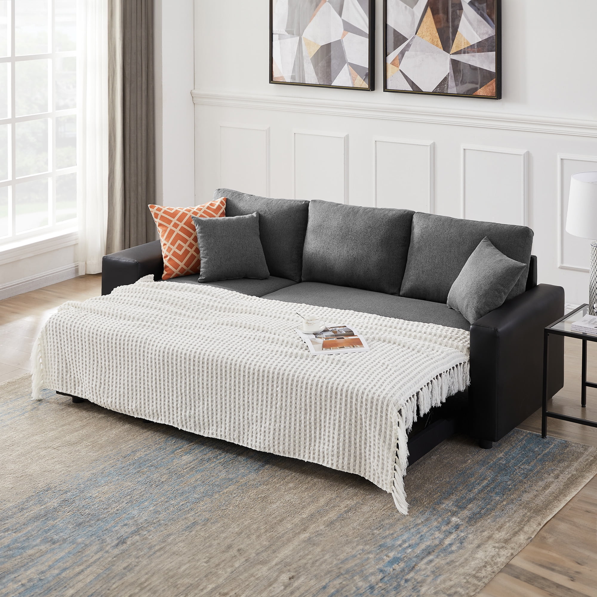 Aukfa 92.5" Reversible L-Shaped Sectional Sofa with Pull Out Sleeper Couch Bed, Storage Chaise and 2 Ottoman for Large Living Room - Dark Gray