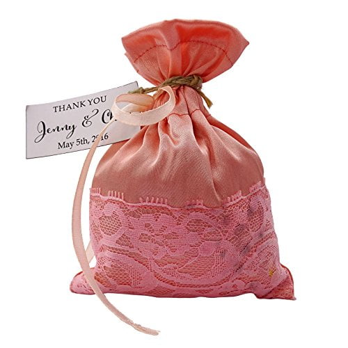 20 Satin and Net Drawstring Gift Pouch Small Favor Bags Wedding Party Rustic With Personalized Paper Tags