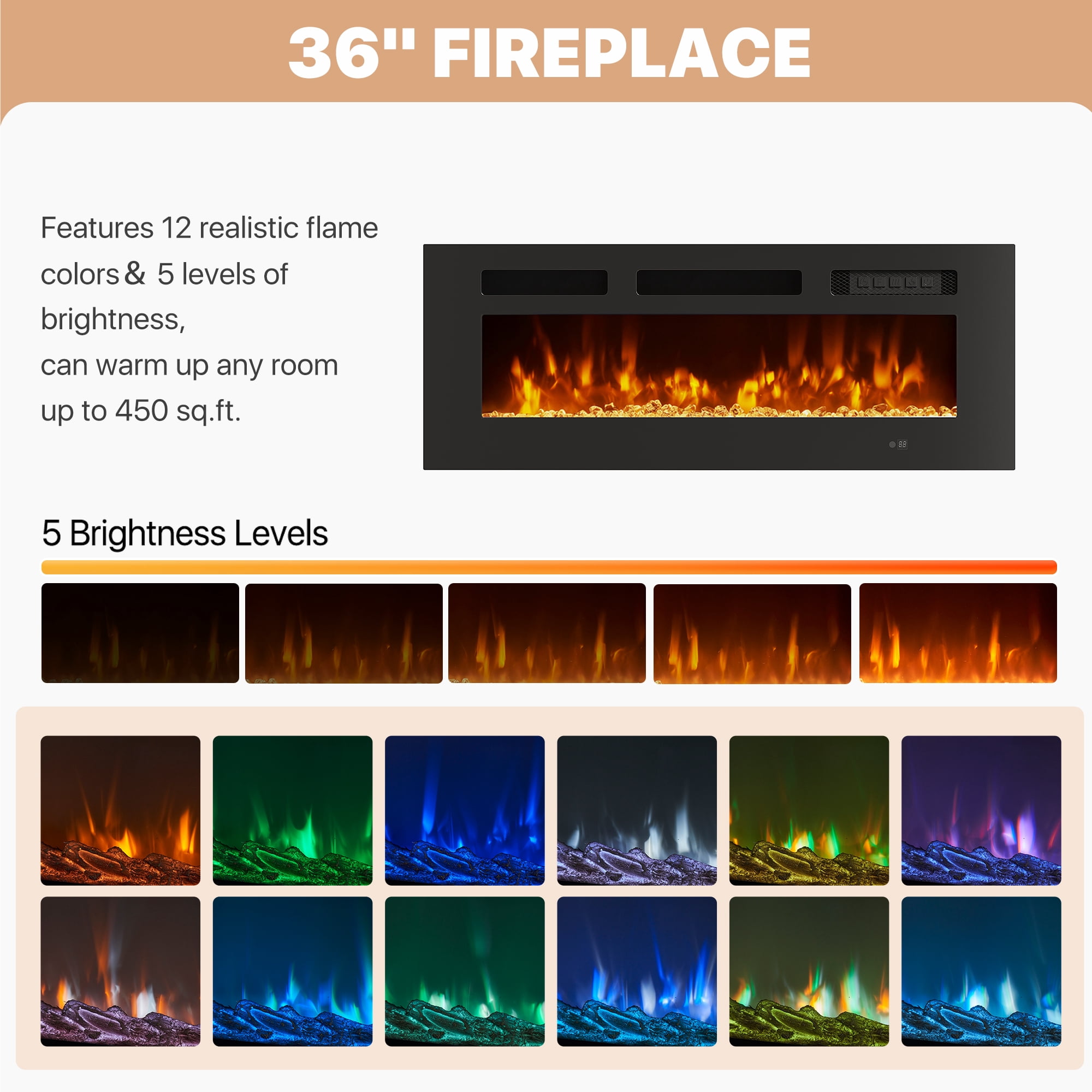 BaPiPro 70" Floating TV Stand for TVs up to 80", Wall Mounted Entertainment Center with 36" Electric Fireplace Heater, LED Lights, Black