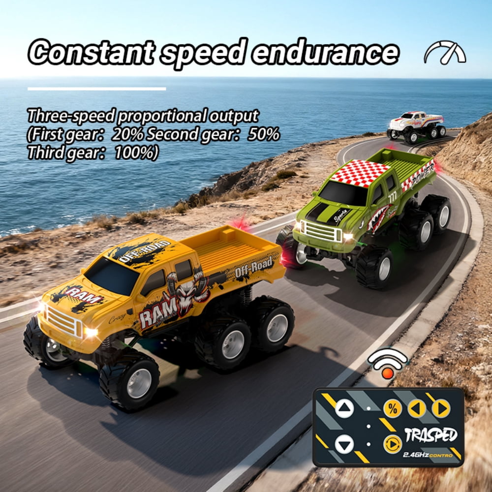 Mini Rc Truck, 1:64 Scale Monster Truck Remote Control Car with Speedboat and Lights, 2.4Ghz Remote Control, Mini Alloy Monster Truck Rc, Speed/Steering Adjustable