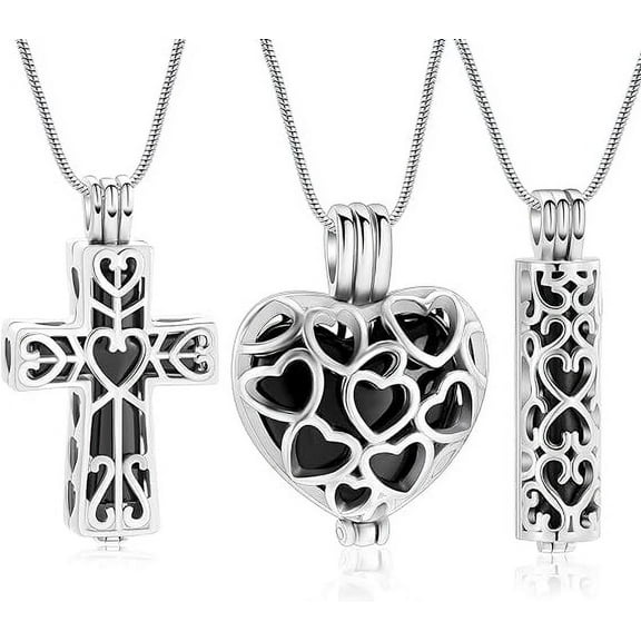 3 Pieces Hollow Urn Necklace for Ashes Cylinder Cross Heart Cremation Jewelry for Ashes for Women Men Loved One Keepsake Memorial Mini Urn Holder