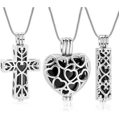 3 Pieces Hollow Urn Necklace for Ashes Cylinder Cross Heart Cremation Jewelry for Ashes for Women Men Loved One Keepsake Memorial Mini Urn Holder