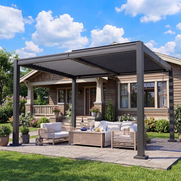 NETAJE 10'x12' Hardtop Louvered Pergola, Outdoor Metal Pavilion with Adjustable Louvered Roof and Drainage System for Patio, Garden, Decks, Backyard