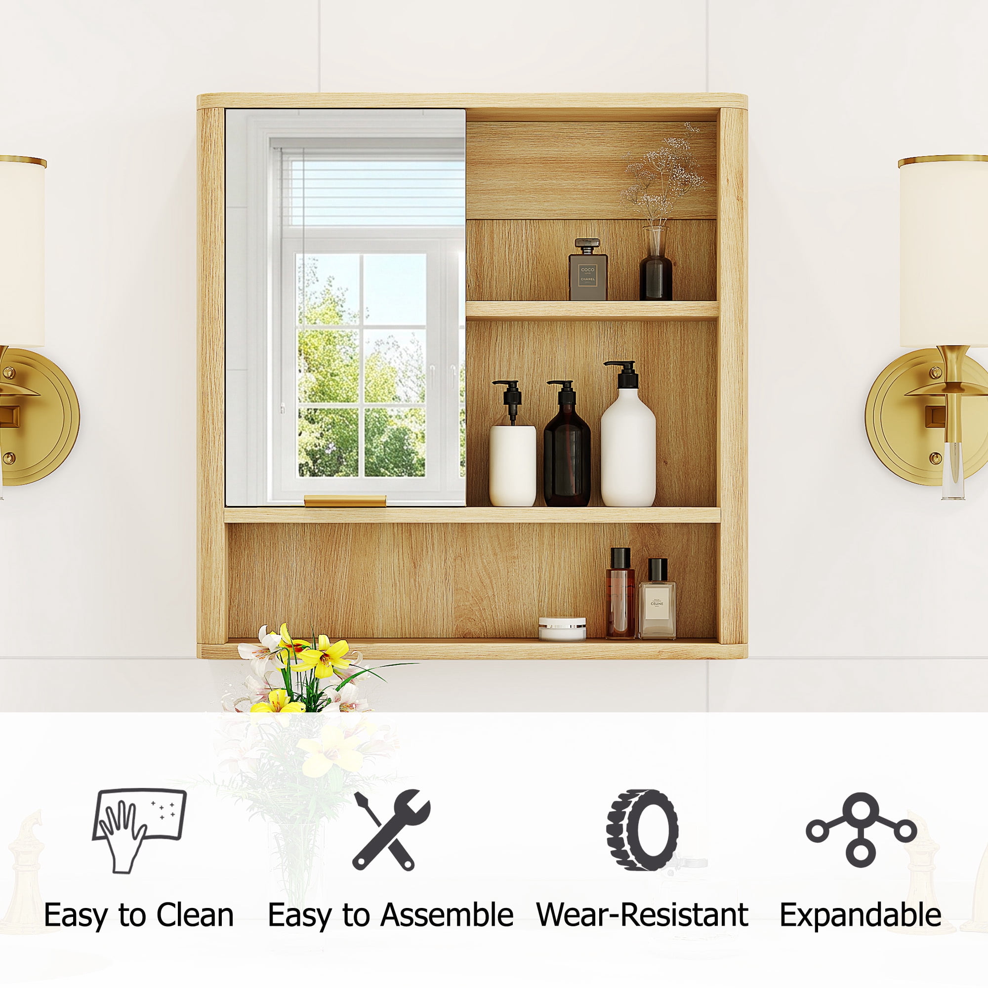 Leumius Wall Mounted Mirror Cabinet,Bathroom Storage Cabinet with Single Door and Open Shelves, Multipurpose Wall Organizer for Bathroom Vanity Laundry Room Natural