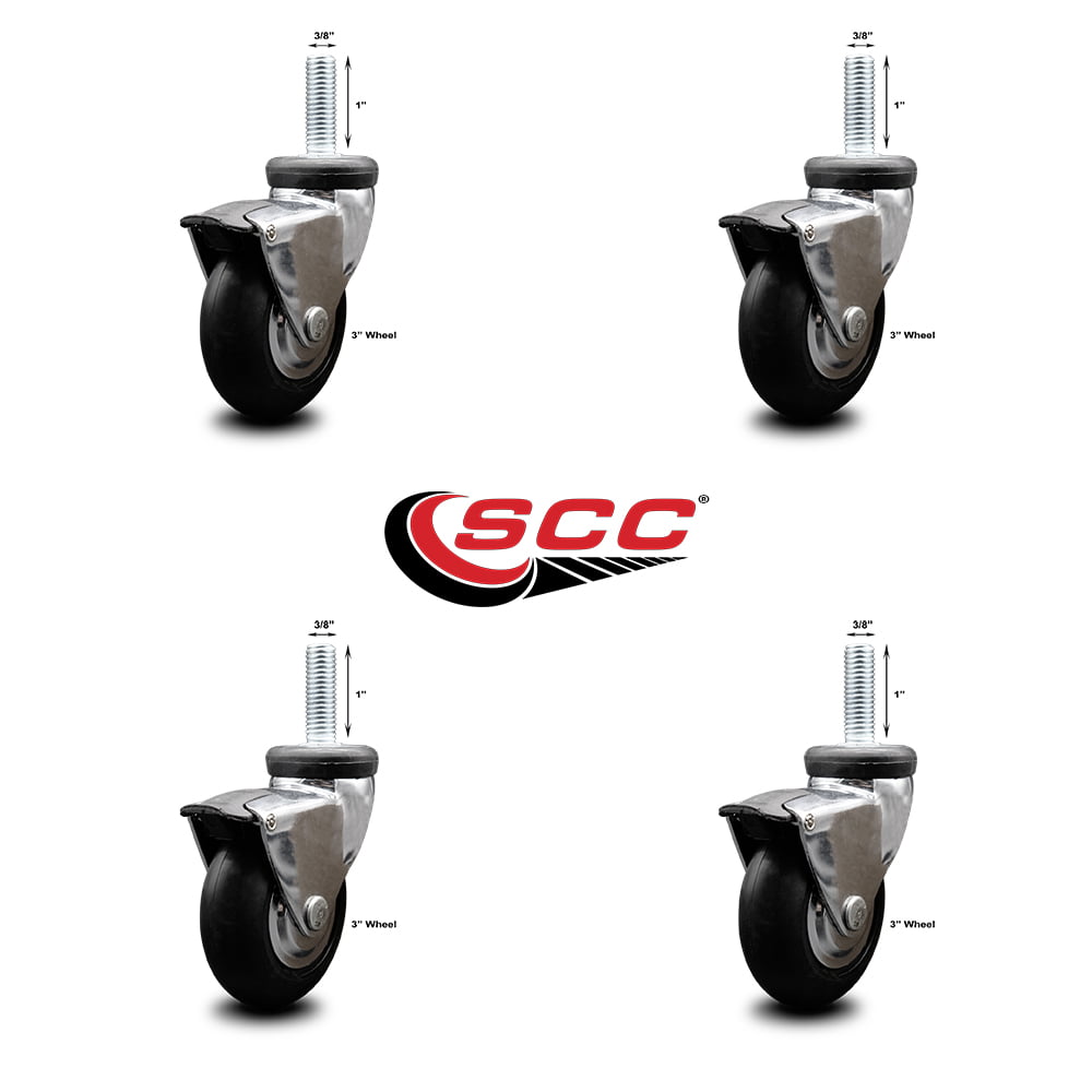 Service Caster Total Capacity Set of 4 Bright Chrome Hooded 3 Inch Swivel Neoprene Rubber Casters with Top Plate and Brakes 440 lbs