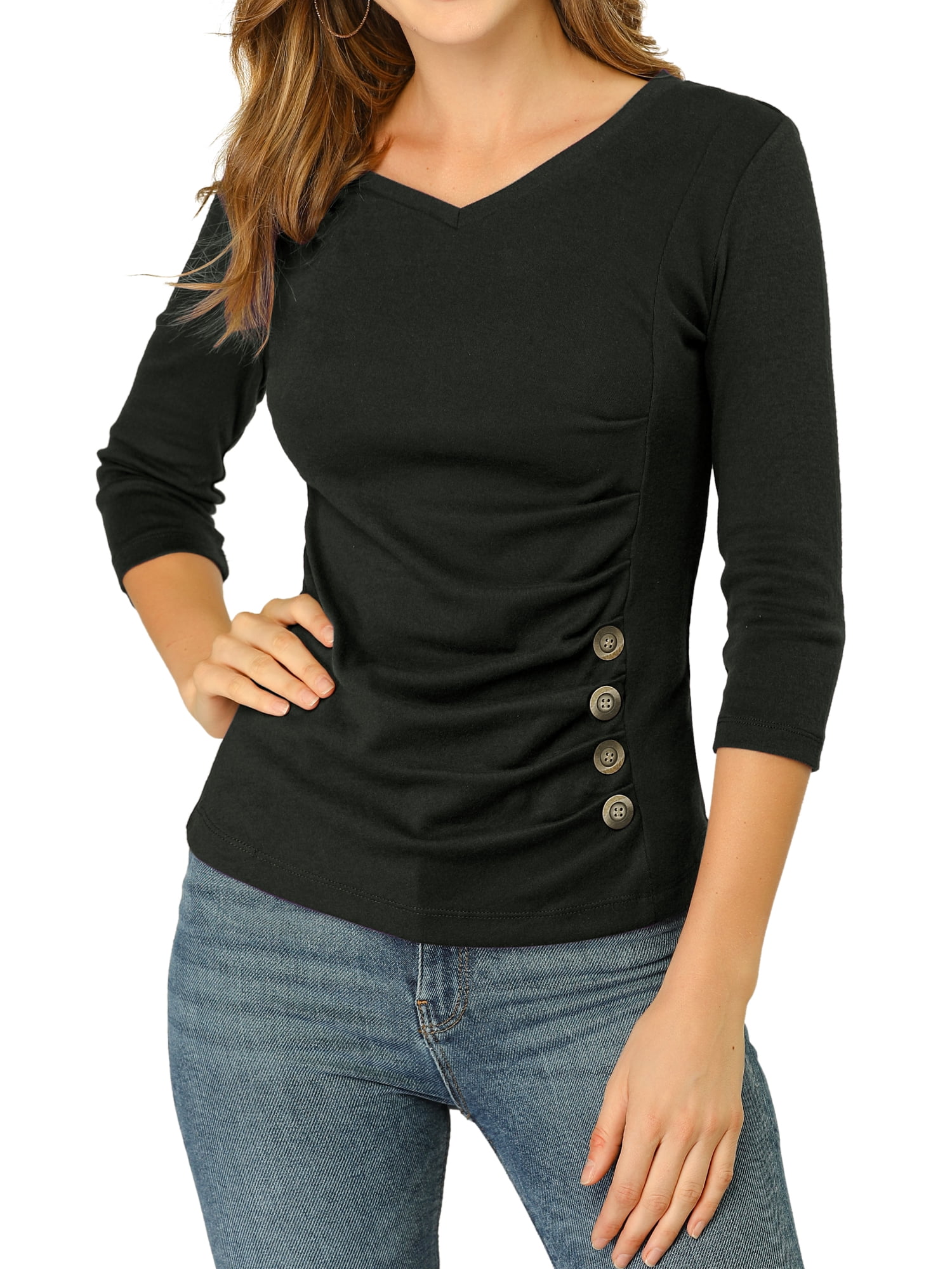 DARING DIVA V Neck Knitted Buttons Decor Ruched Blouse Top S Black