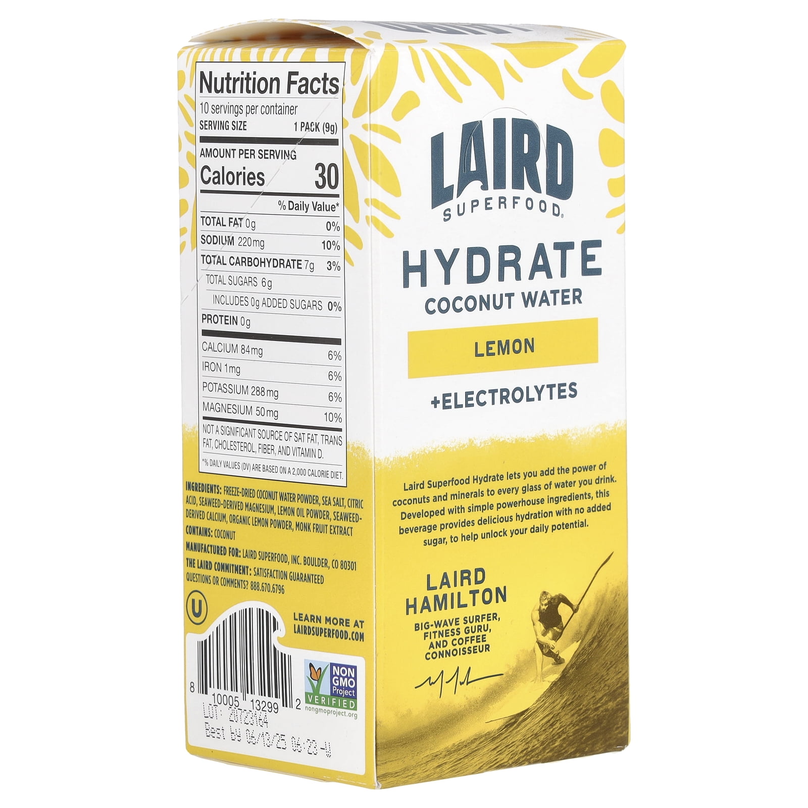 Laird Superfood Hydrate Coconut Water, Electrolyte Drink Mix, Lemon, 10 Packs, 0.3 oz (9 g) Each