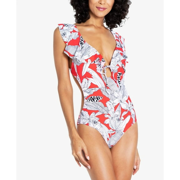 Rachel Roy RED Island Getaway Tie-Front Ruffle One-Piece Swimsuit, US Medium