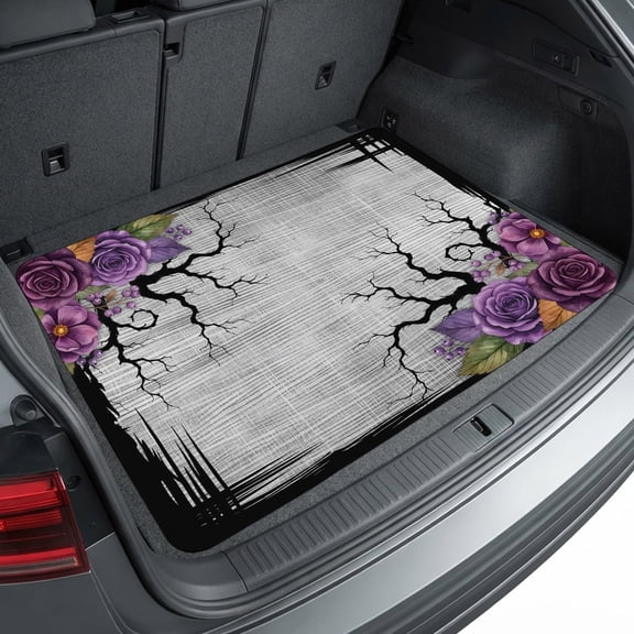 Universal Car Trunk Mat 29"x39", Halloween Waterproof Cargo Liner, Non-Slip Durability Cargo Mat, Vintage Rustic Floral Horror Trees Branches Gray All Weather Rear Trunk Protector for Car SUV