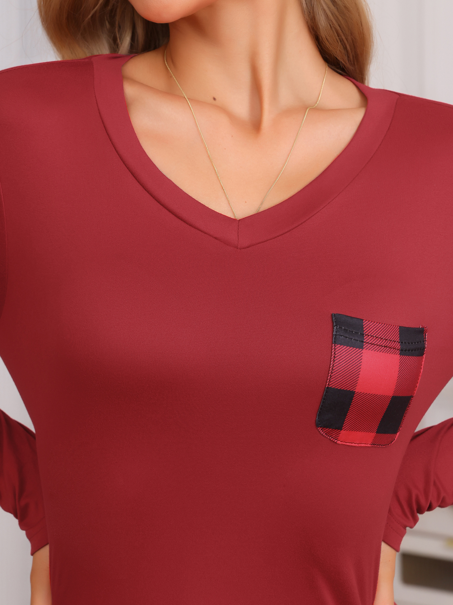 DARING DIVA Women's  Long Sleeve Plaid Soft Fall Pajama Set with Pockets M Red