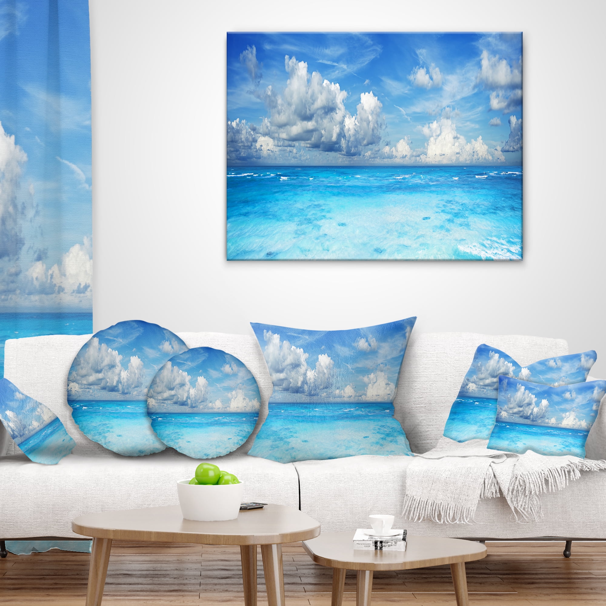 Designart Bright Blue Waters and Sky Panorama - Modern Seascape Throw Pillow - 12x20