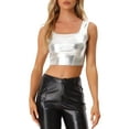thumbnail image 1 of INSPIRE CHIC Haut Sans Manches pour Femme Col en U Tenue de Fête Boîte de Nuit Holographique Brillant Métallisé Court TP Argent, 1 of 6