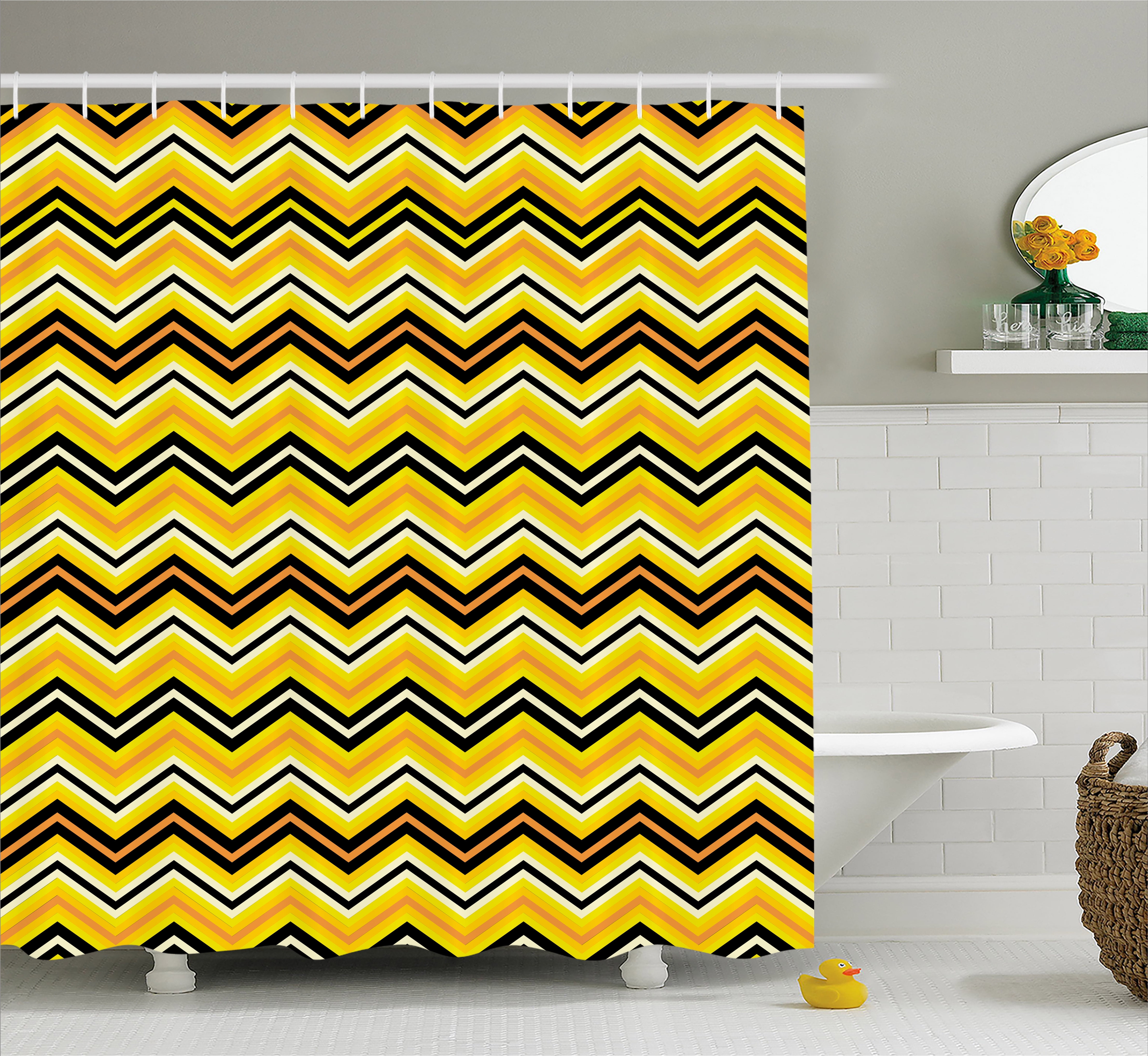 Yellow Chevron Shower Curtain, Horizontal Zigzag Stripes in Vibrant