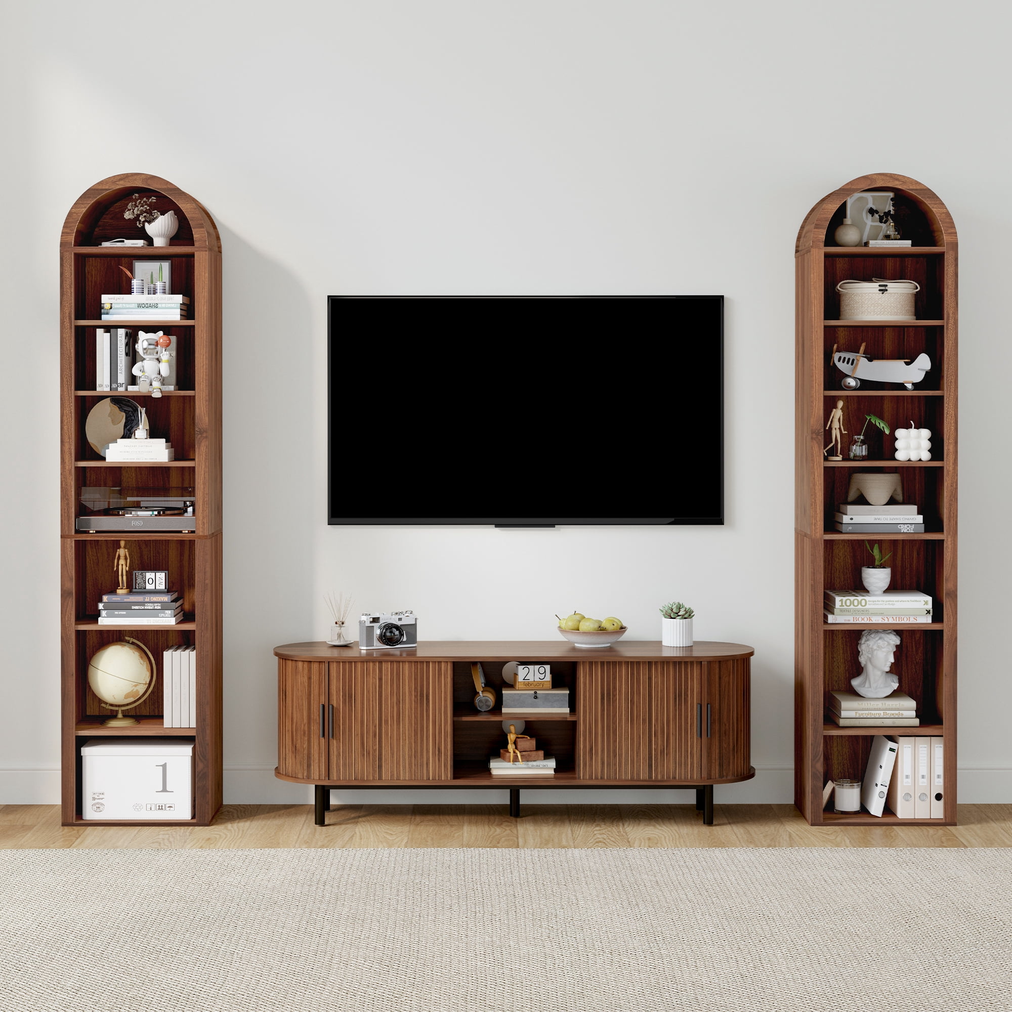 LEFHDA Narrow 8-Tier Arched Bookcase – Walnut, 15.7-Inch Wide Open Shelf for Books, Media Storage (CD/DVD), Bathroom, or Entryway
