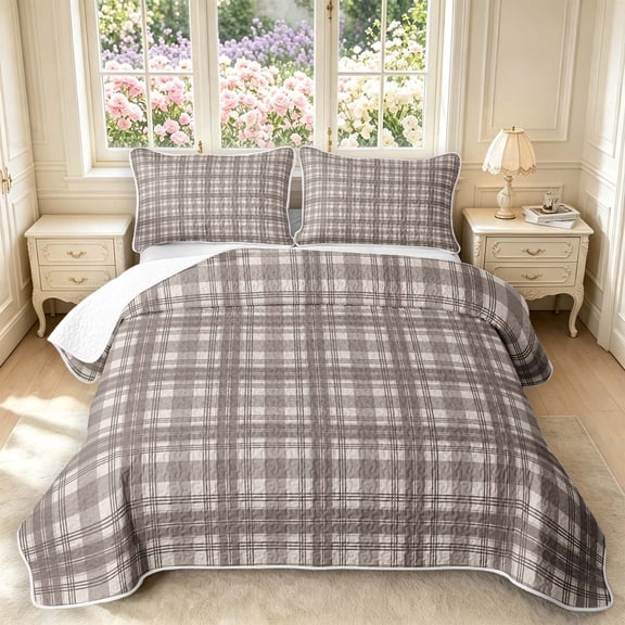Manfei Rustic Check Twin Quilt Set,Vintage Plaid Twin Coverlet Set,Gray Brown,2-Piece,1 Bedspread and 1 Pillowcase