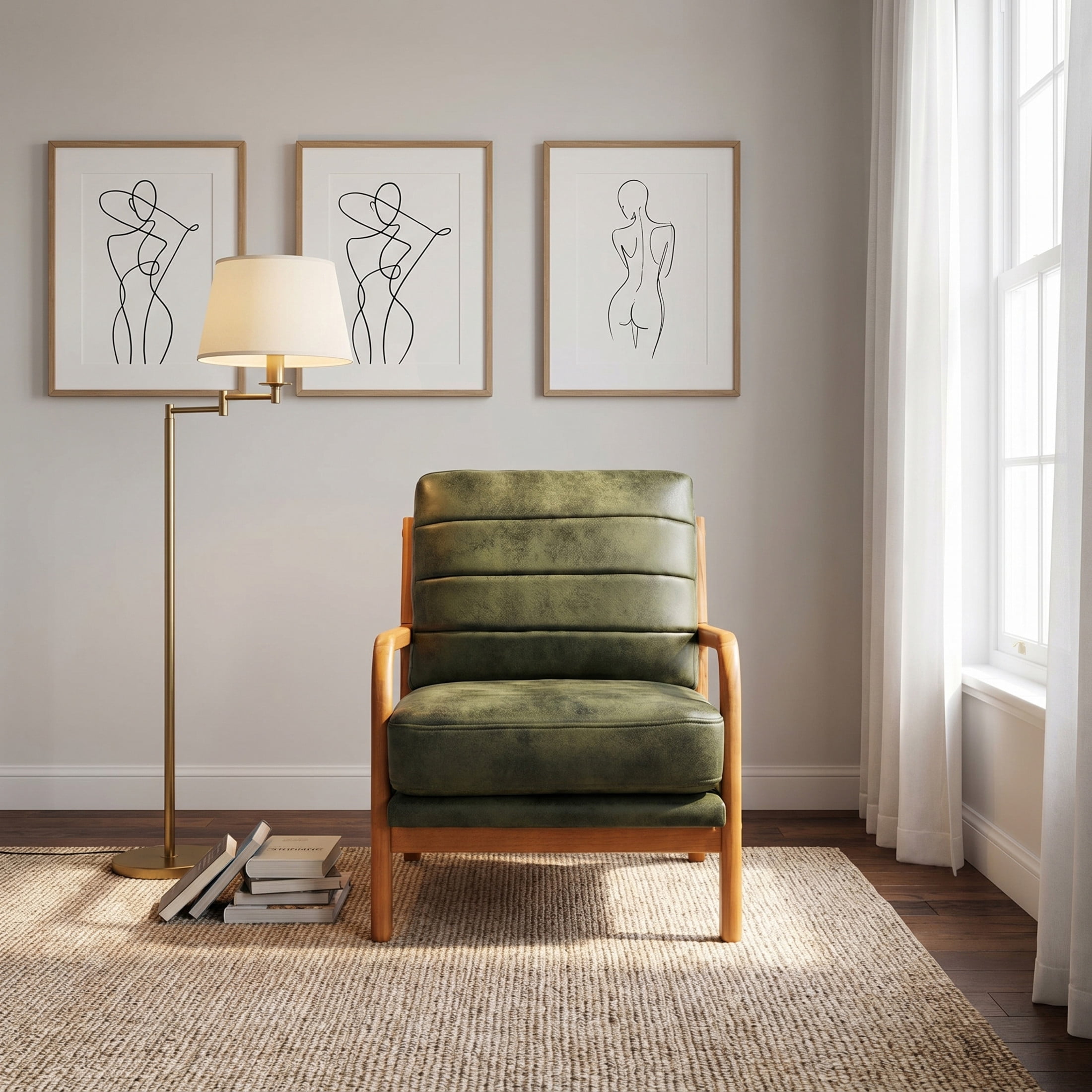 Noble House Mid-Century Modern Foil Fabric Upholstered Accent Chair, Solid Wood Frame, Olive Green