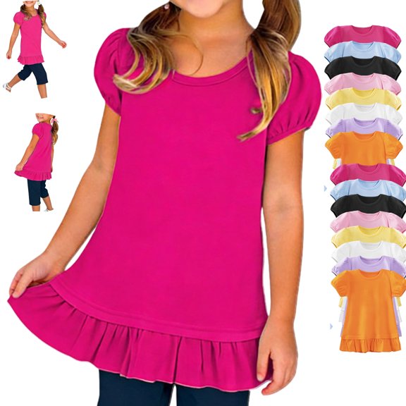 LEKWK Toddler Girls Short Sleeve Tunic Dress Puff Sleeve Ruffle Hem Longline T-Shirt Soft Cotton Daily Playwear Homewear Outfits