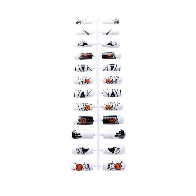 HHBEAUTY Halloween Long Press on Nails,Square Fake Nails with Ghost Spider Web Pattern,Black Orange Matte False Nails,Glossy Acrylic Nails,Reusable Stick on Nails,for Halloween Nail Art - 24Pcs
