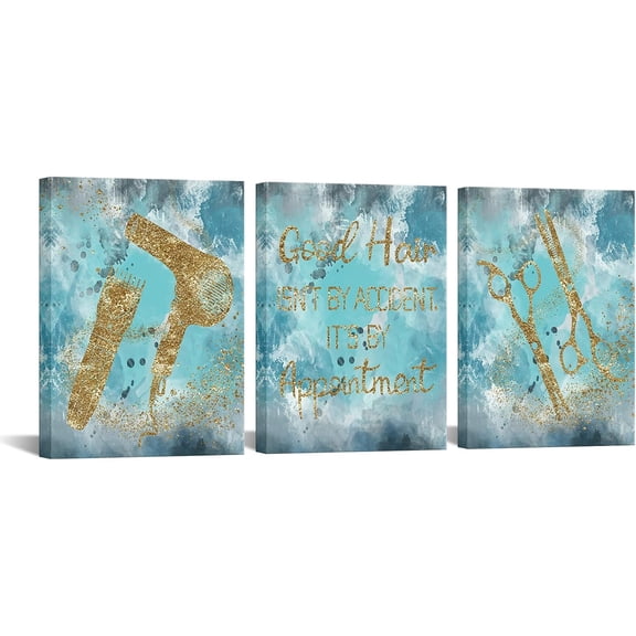 Hieng Hair Salon Pictures Canvas Art Barber Shop Wall Decor Teal Gold Haircut Tools Painting Poster for Beauty Salon Decoration (only canvas)