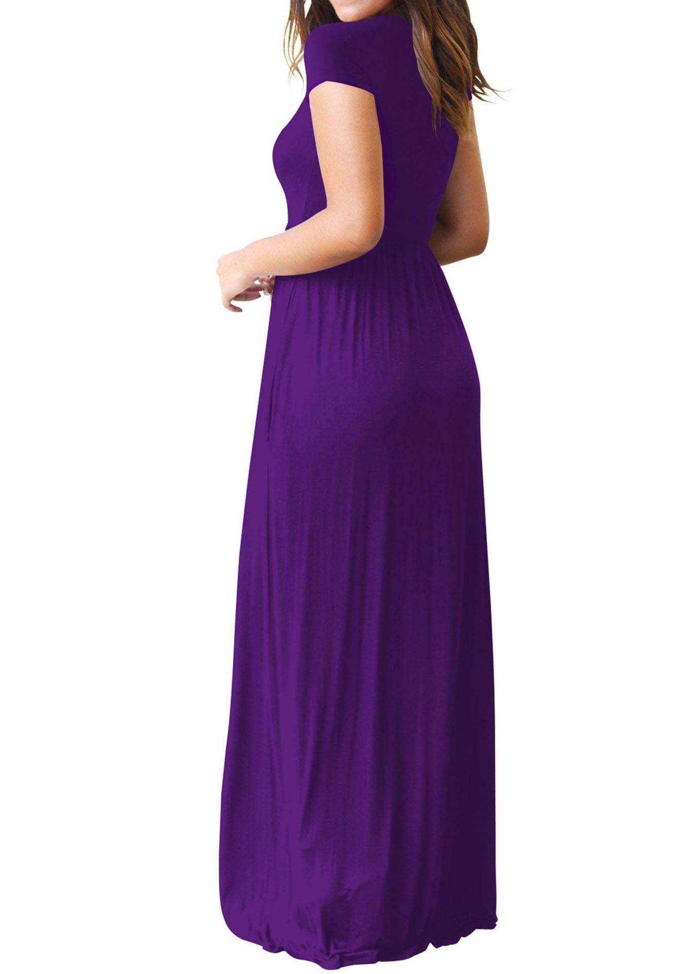 Women's Maxi Dresses Short Sleeve Long Casual Dresses Loose Plain with Pockets, Purple-L(US 12-14)