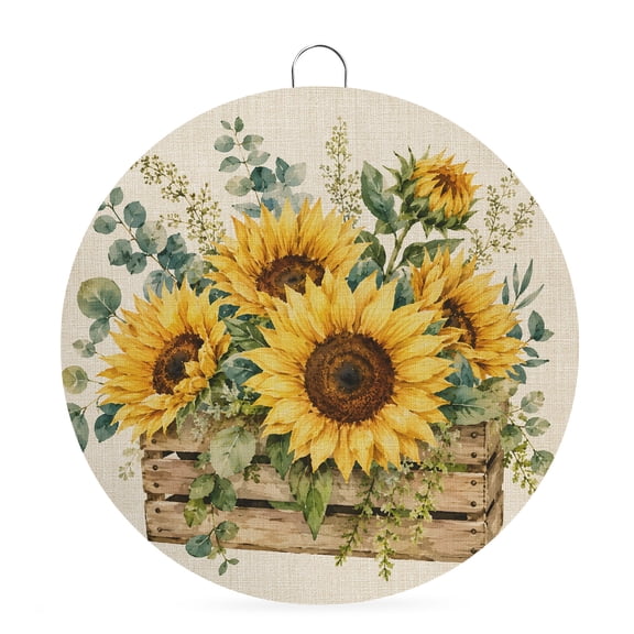 Welcome Sign for Front Door, Sunflower Farmhouse Round Metal Wall Art Wreaths, Eucalyptus Leaves BotanicalRustic Outdoor Indoor Wall Hanging Sign for Porch Decor Housewarming Gifts 7.9 Inch