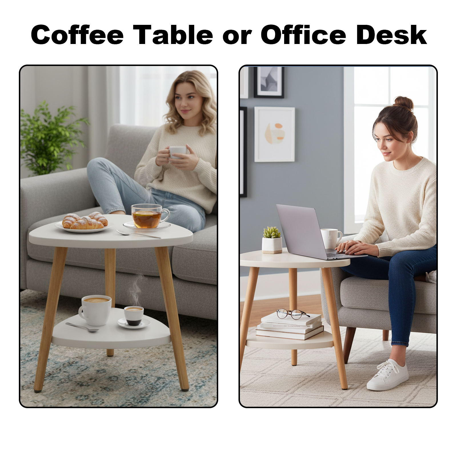 HDUTNGISN 2-Tier Coffee Table, Modern End Table & Bedside Table for Small Spaces, Indoor & Outdoor Side Table for Porch Backyard Livingroom Bedroom,White