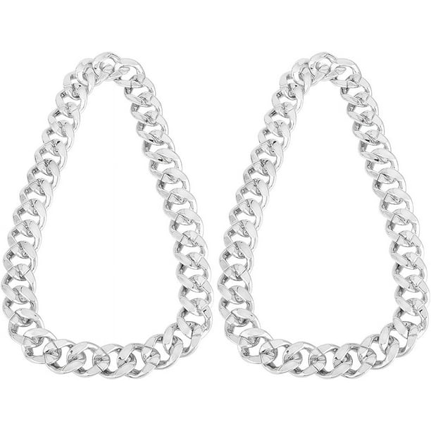 2 collares de cadena de plástico plateado, estilo cubano, de 32 pulgadas, estilo hip hop artificial, gruesos, estilo rapero punk de los años 80 y 90, con eslabones curvos.