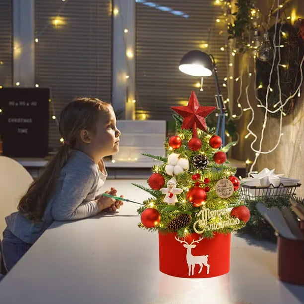 Mini árbol de Navidad flocado de 45 cm con luces LED • Decoración de sobremesa • Árbol artificial blanco preiluminado para casa, oficina y apartamento