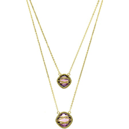 5th & Main 18kt Gold over Sterling Silver Hand-Wrapped Double-Drop Squared Amethyst Stone Necklace
