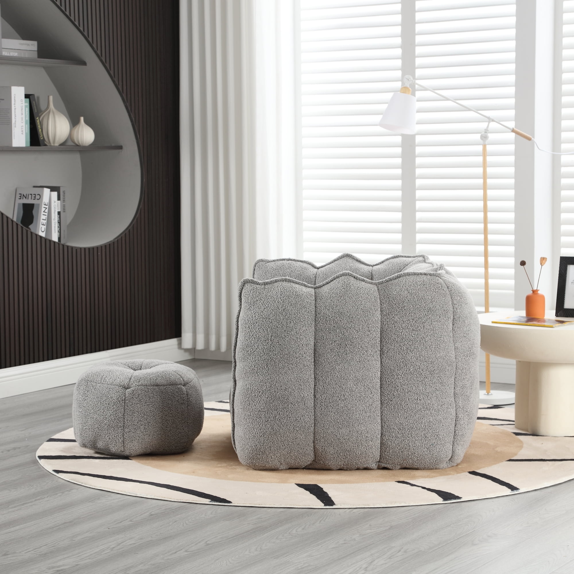 Leumius Soft Bean Bag Chair with High Resilient Foam(Chips)for Living Room and Bedroom,Comfortable Square Lazy Sofa with Footstool for Adults to Gaming, Reading and Watching TV Grey