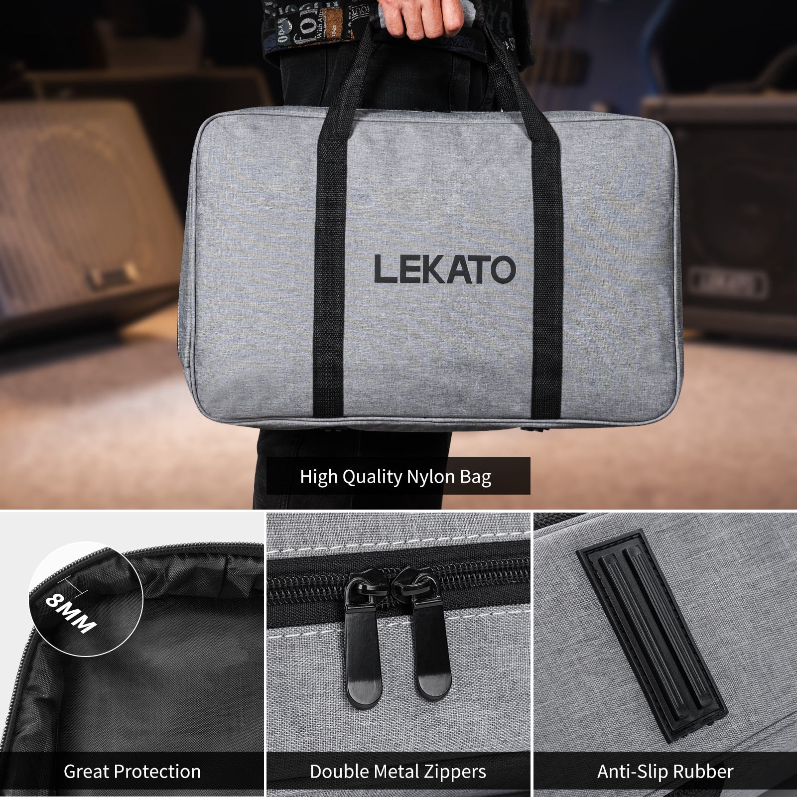 LEKATO Pedalboard, Pedal Board with Built-in Power Supply, 19x12.2x1.8" 2.97LB, Aluminium Alloy Guitar Pedal Board with Carry Bag, Pedal Cables, Adhesive Hookside Tape