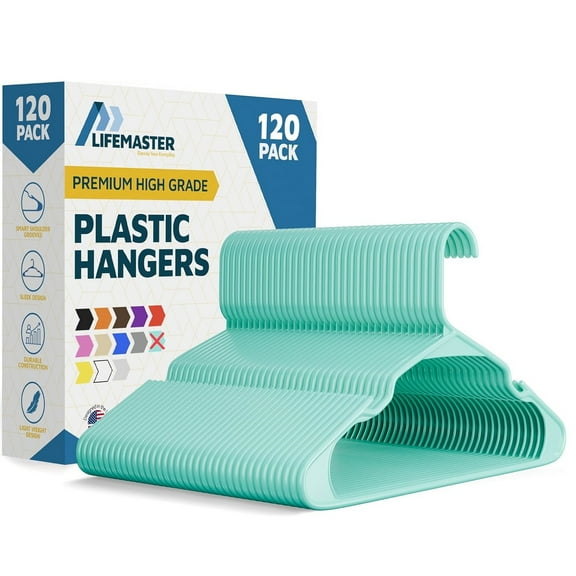 Lifemaster Plastic Clothes Hangers – Heavy Duty Hanger Set, For Organizing Clothes, Dresses, and Coat, Holds Up To 5 lbs, Space-saving Hangers with Non-Slip Shoulder Grooves, Pack of 120, Aqua
