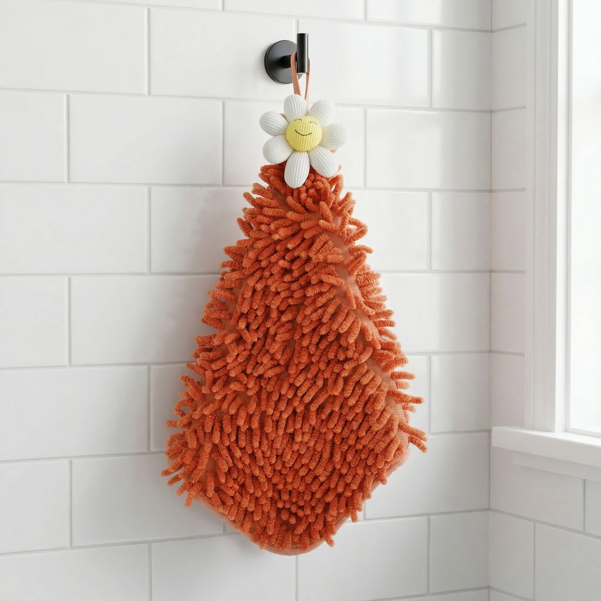 Unique Bargains Soft Absorbent Quick Dry Cute Flower Chenille Hand Towels Orange 12" x 12"