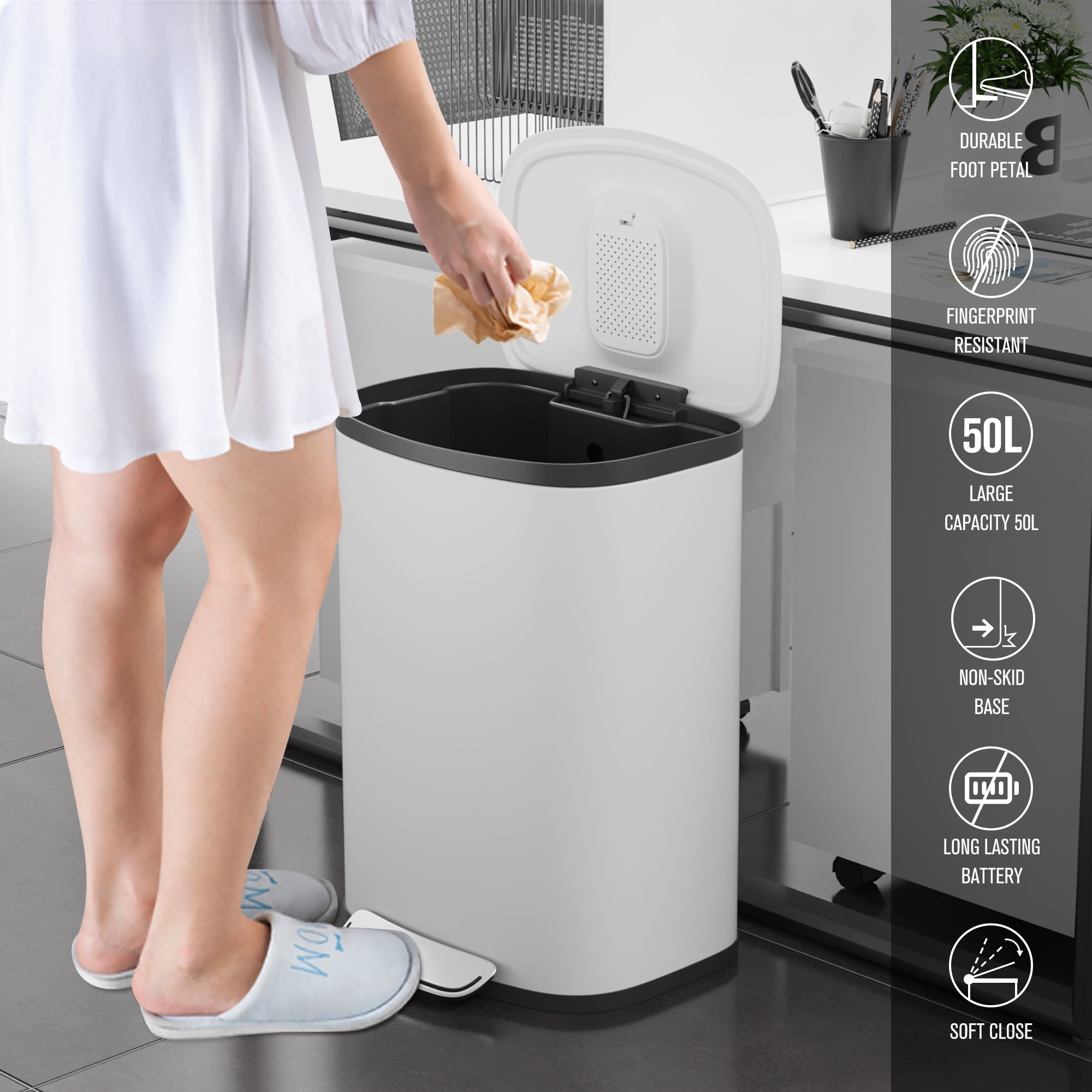 Miniyam 13 Gallon 50L Trash Can, Stainless Steel Foot Pedal Operated Soft Close Trash Can with 30 Garbage Bags for Kitchen, Office, White