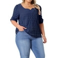 thumbnail image 4 of Agnes Orinda Women's Plus Size Tops Texture Pleated Notched V Neck Ruffle Short Sleeve Summer Casual Blouses 3X Dark Blue, 4 of 6