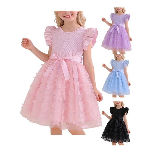 Afuyipoi Girls Solid Color Sundress (3-10 Years) Soft Breathable Fabric Butterfly Mesh Design Princess Party Style Summer Casual & Dress Up Wear for Events & Play Pink Size 4T