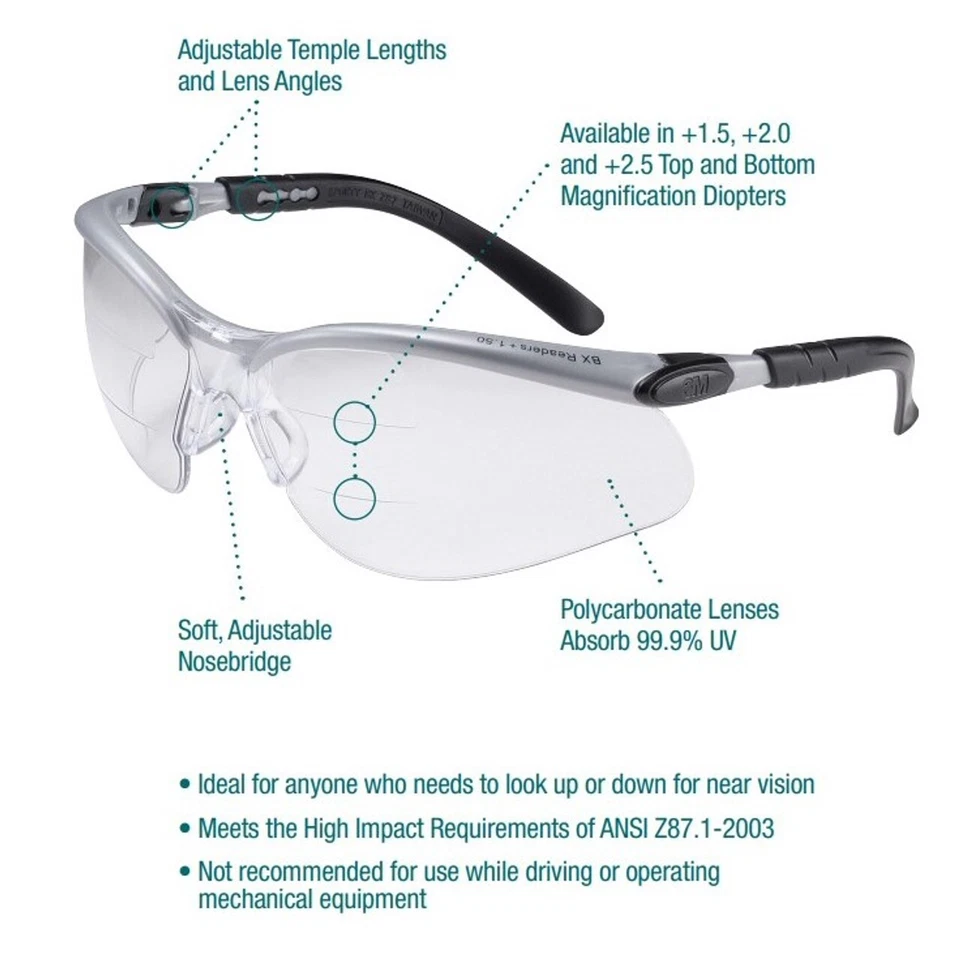 CIRCLE- 3M 11459 +2.5 Clear Anti Fog Bifocal Readers Protective Safety Glasses Ansi Z87+