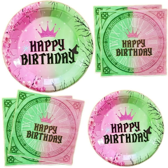 60 Pcs Pink and Green Plates Happy Birthday Party Supplies Tableware Set for 20 Guest Crown and Magic Paper Plates Napkins for Birthday Castle Party Favor