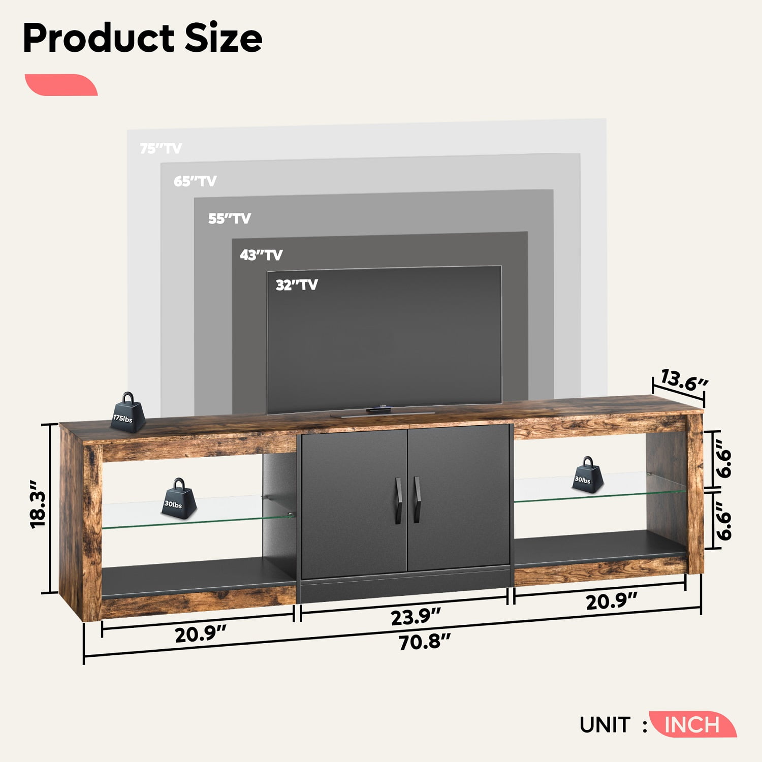 Bestier TV Stand for TVs up to 75" with Storage Cabinet, Gmaing Entertainment Center Media Console with LED Lights for Living Room, Rustic