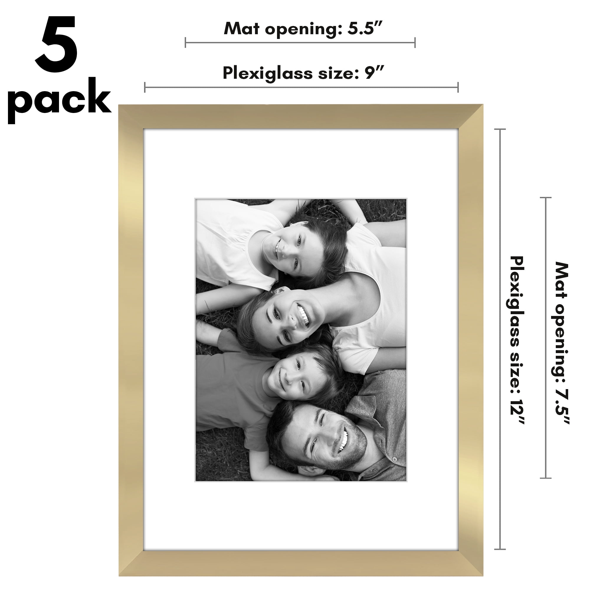 Americanflat 9x12 Picture Frame with Polished Plexiglass with 6x8 Mat 5 Pack Display Photo Galleria - Gold