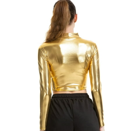 WHAMVOX Patent Leather Performance Suit Women Corset Blouses Ladies Tops Miss Woman Golden