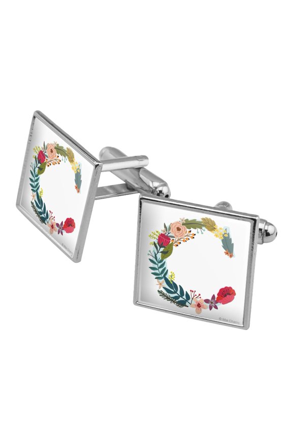 Letter C Floral Monogram Initial Square Cufflink Set - Silver or Gold