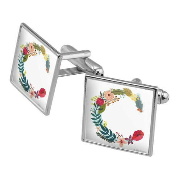 Letter C Floral Monogram Initial Square Cufflink Set - Silver or Gold